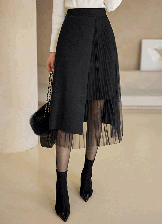 Pleated Mesh Paneled Unbalanced Knit Skirt