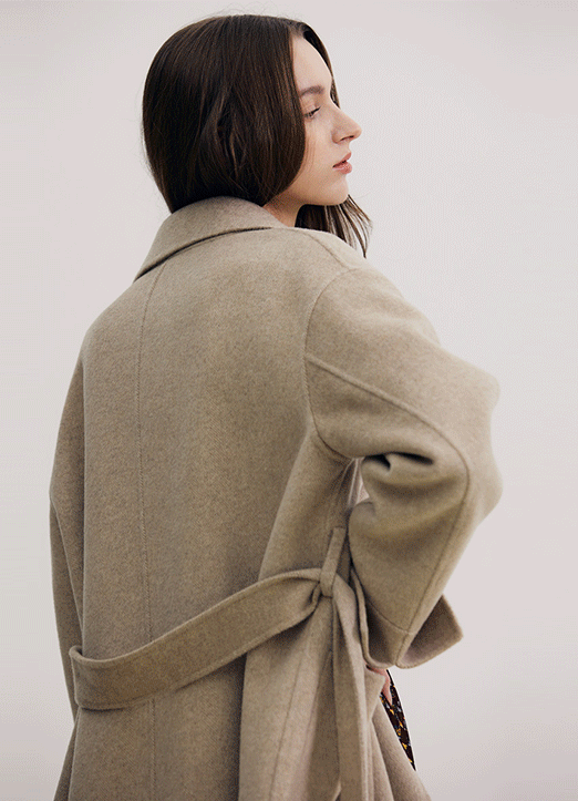 [The Onme] Wool Blended Self Belted Robe Coat