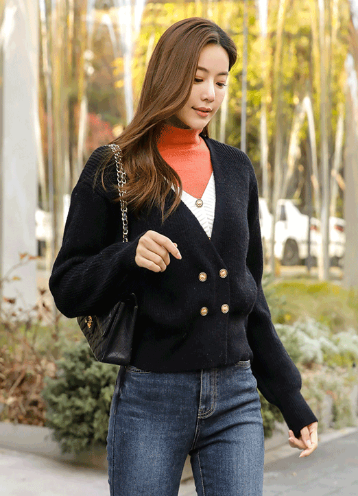 Layered Look Double Breasted Knit Cardigan