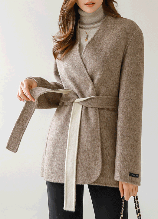 Wool90 & Angora Blend Self Belted Collarless Jacket