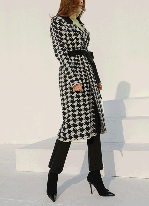 Large Houndstooth Belted Knit Long Cardigan