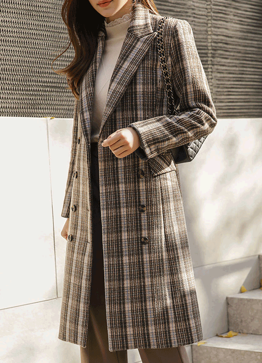 Double Breasted Check Tailored Long Coat
