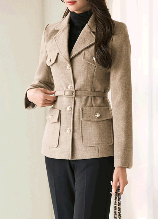 Pearl Button Belted Tailored Jacket