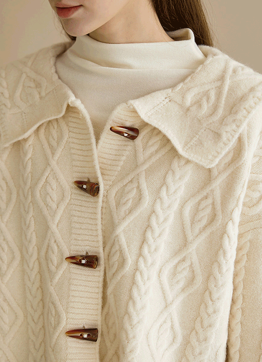[The Onme] Sailor Collared Toggle Button Textured Cable Knit Cardigan