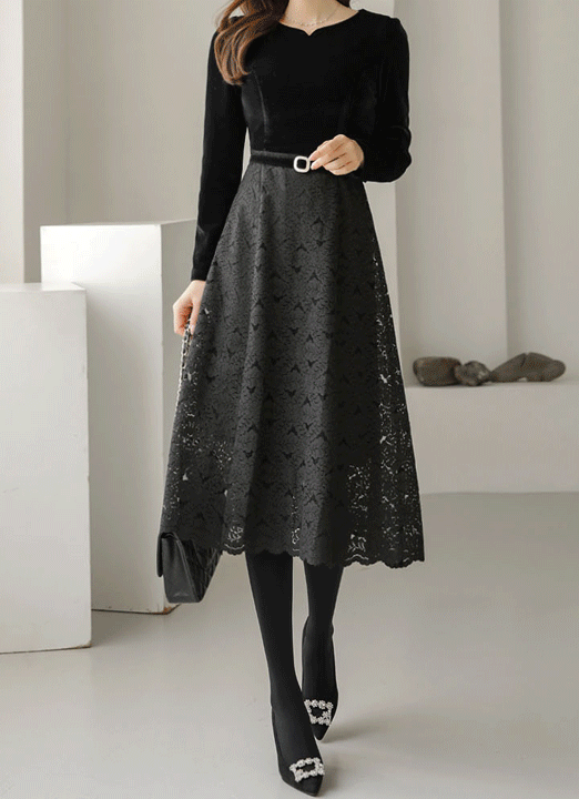 Puff Sleeve Belted Velour Mix Lace Dress