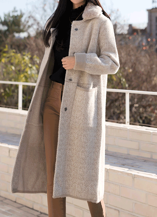 Detachable Faux Fur Collar Fuzzy Herringbone Coat