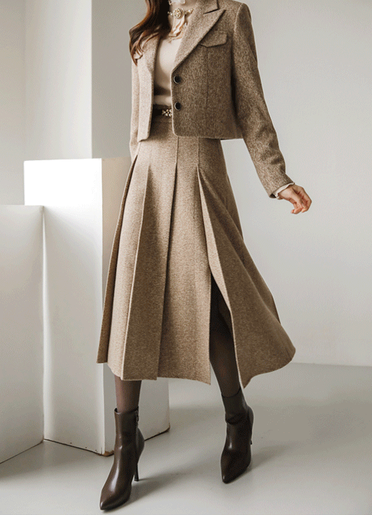 [Louis Angel] Wool Blended Elastic Waist Back Side Slit Pleats Skirt
