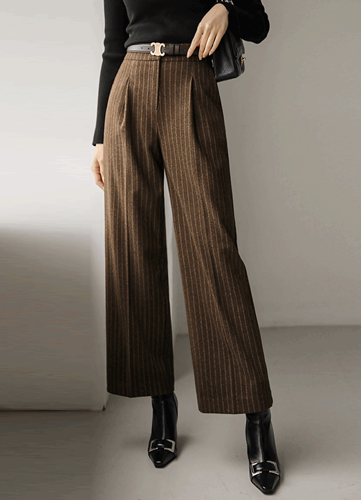 [Louis Angel] Wool10 High Rise Elastic Back Waist Stripe Semi Wide Slacks