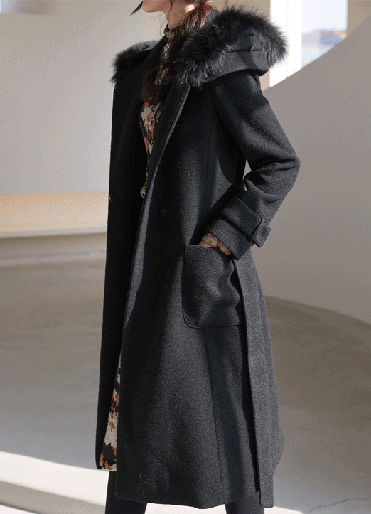 Wool50 Real Faux Fur Trimmed Hood Self Belted Long Coat