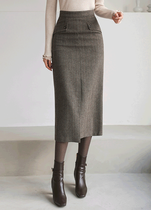 Wool15 Flap Detail Front Slit Slim H-Line Skirt