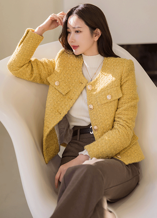 Wool30 Pocket Detail Collarless Tweed Jacket
