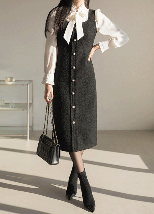 Wool30 Pearl Button Tweed Bustier Dress