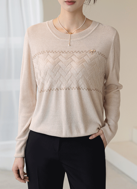 [Louis Angel] Cable Pattern Front Knit Top w/ Bow Brooch
