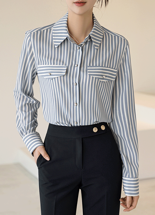 [Louis Angel] Pearl Button Flap Detail Stripe Shirt