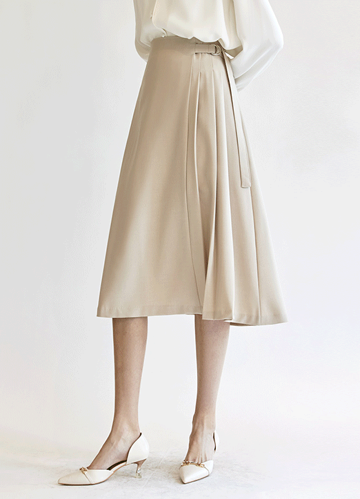[The Onme] Elastic Back Waist Side-Pleated Flare Skirt