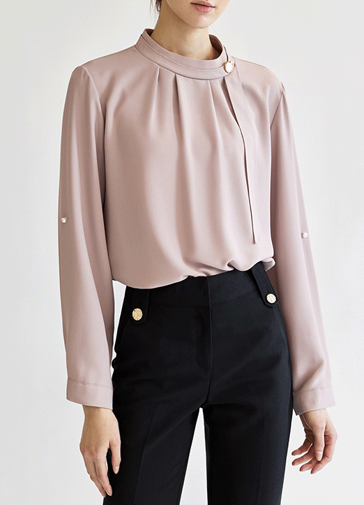 [The Onme] Side Bow Tie Stand Collar Shirring Blouse