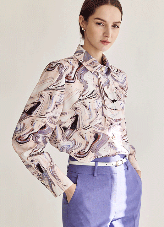 [The Onme] Marble Print Tie-Neck Collared Blouse