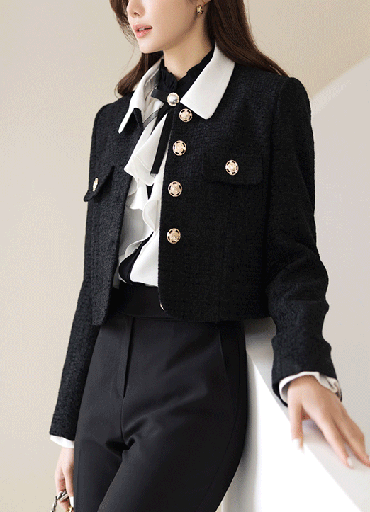 Removable Satin Collar Gold Button Tweed Jacket