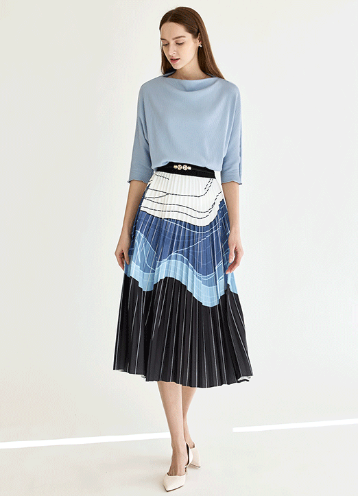 [The Onme] Elastic Waist Wave Print Pleated Midi Skirt