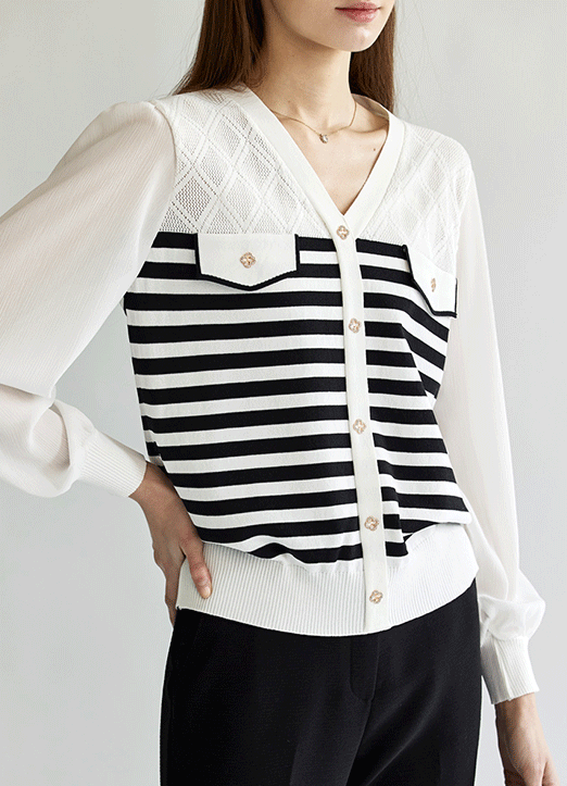 [The Onme] V-Neck Cardigan Look Chiffon Sleeve Stripe Knit Top