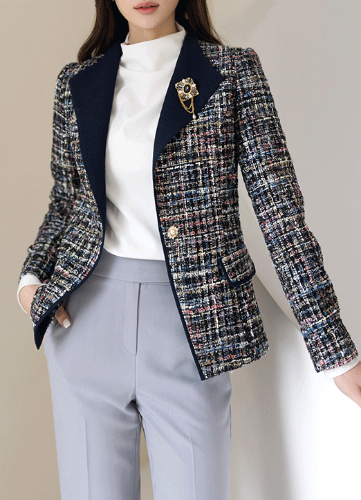 [Louis Angel] Contrast Collared Tweed Jacket in Blue