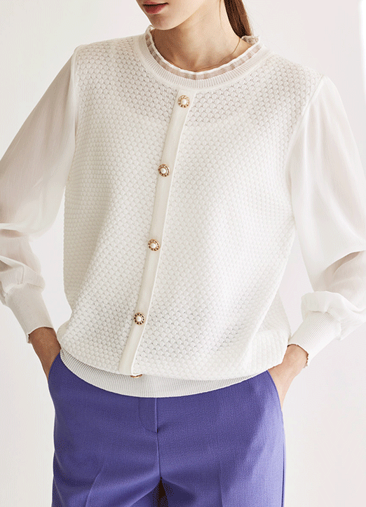 [The Onme] Ribbed Edge Chiffon Sleeve Pearl Button Point Knit Top