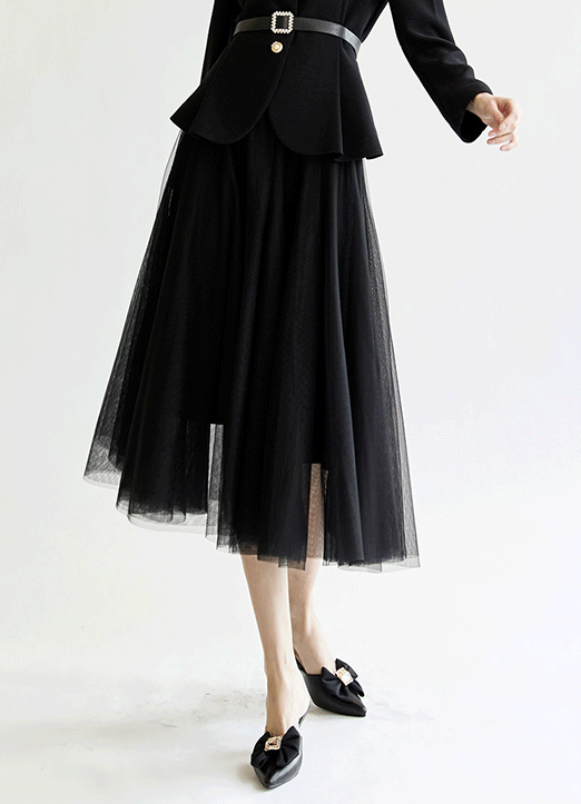 [The Onme] Elastic Waist Double Layer Mesh Tulle Skirt
