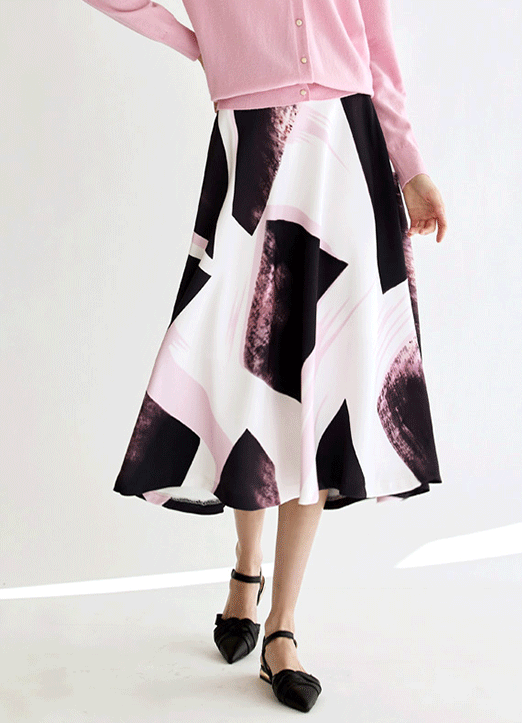 [The Onme] Mixed Color Sensual Print Flare Skirt