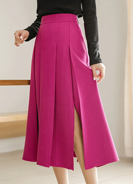[Louis Angel] Vivid Color Elastic Back Waist Side Slit Pleats Skirt