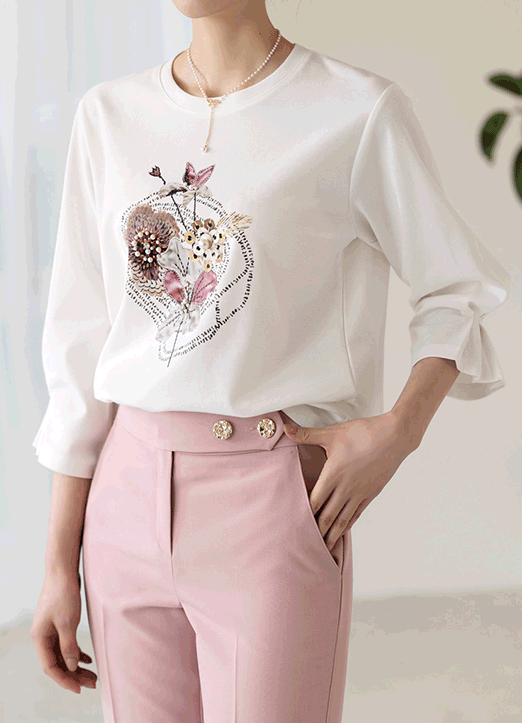 [Louis Angel] Jewel Embellished 3/4 Sleeve Graphic T-Shirt