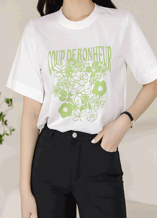 Lettering Floral Print Cotton T-Shirt