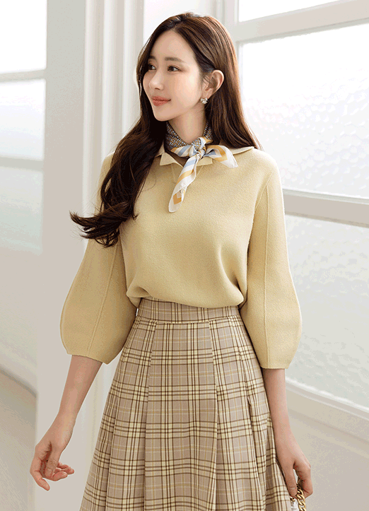 (6 Colors) Collared 3/4 Voluminous Sleeve Knit Top