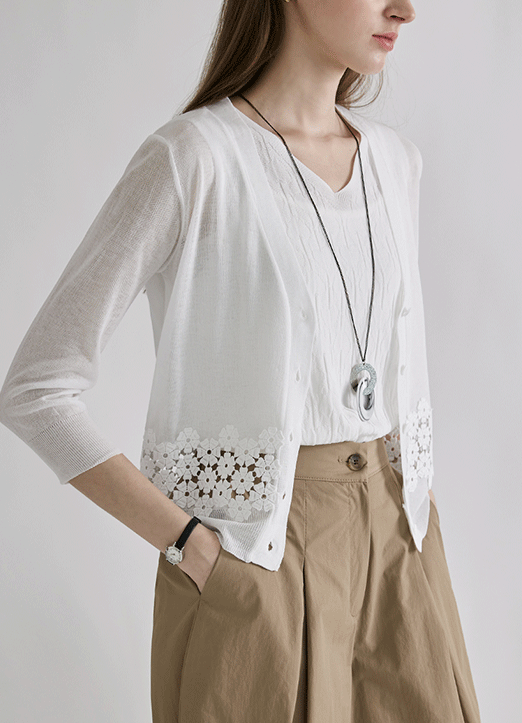 [The Onme] (4 Colors) Floral Lace Block Knit Cardigan