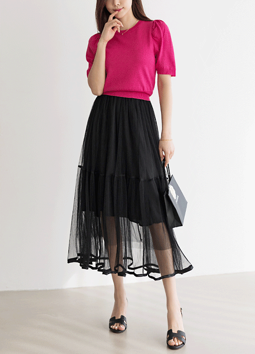 Elastic Waist Pleated Wrinkle Effect Mesh Tulle Skirt