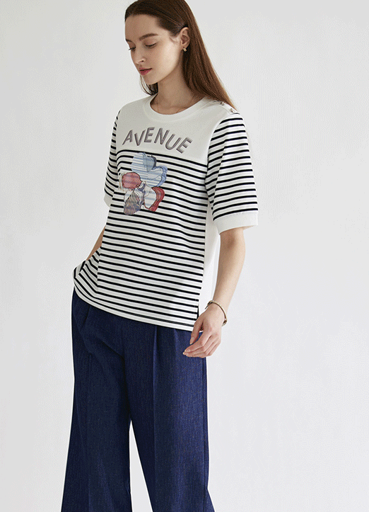 [The Onme] AVENUE Floral Striped T-Shirt