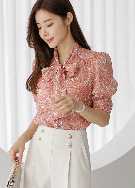 [Louis Angel] Floral Tie-Neck Puff Sleeve Gold Metallic Blouse
