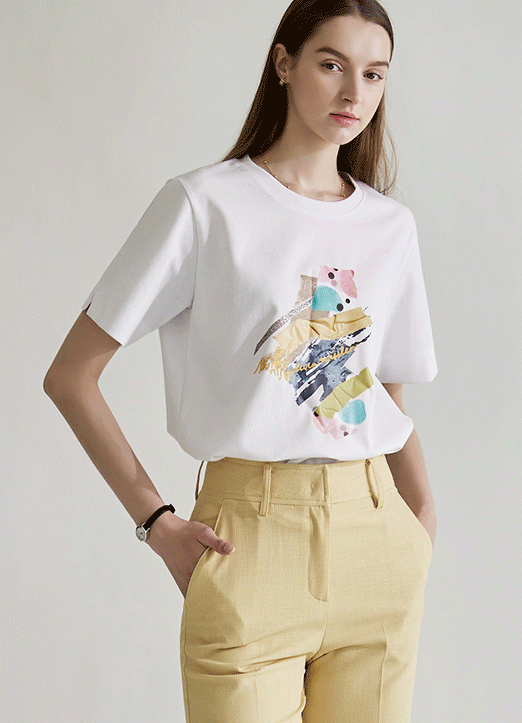 [The Onme] Short Sleeve Slit Colorful Graphic T-Shirt