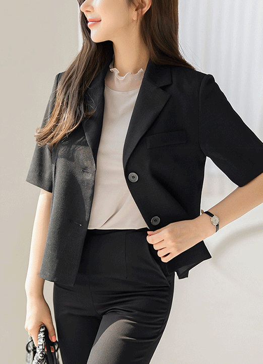 Two Button Short Sleeve Linen-Like Tailored Jacket