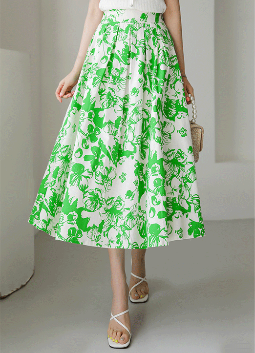 Elastic Back Waist Linen Blended Floral Pleats Flare Skirt