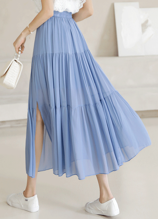 (4 Colors) Elastic Waist Side Slit Tiered Long Skirt