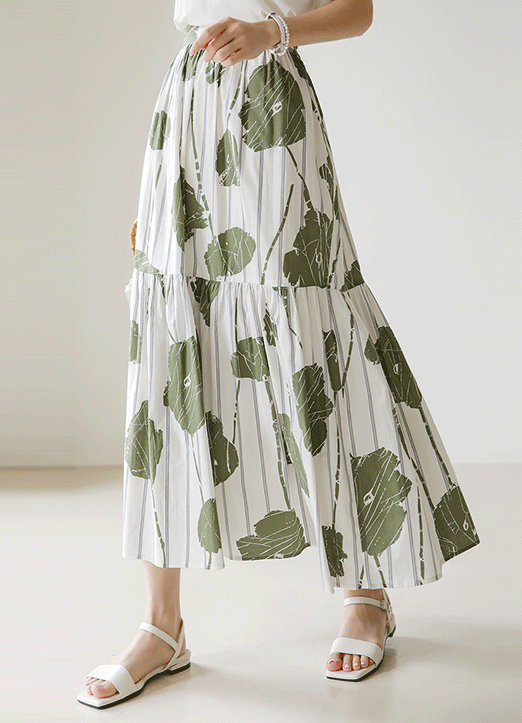 Elastic Back Waist Big Flower Print Tiered Maxi Skirt