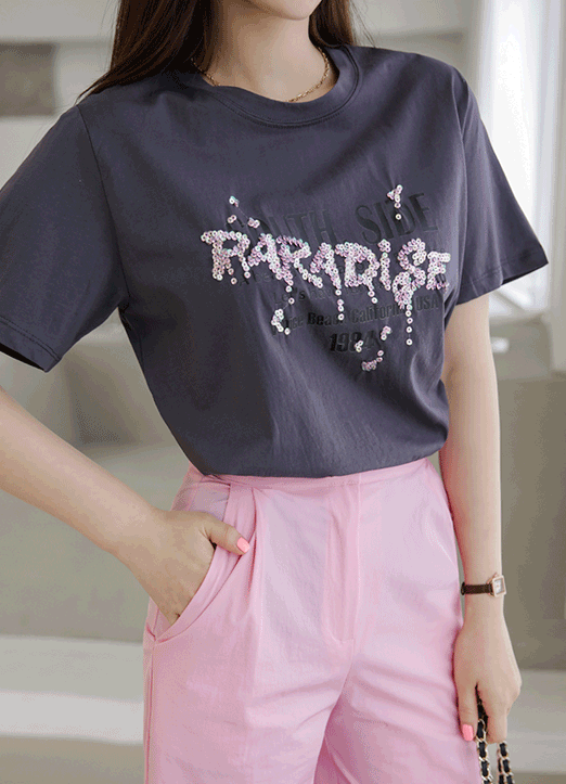 Sequined Lettering Silky Cotton T-Shirt