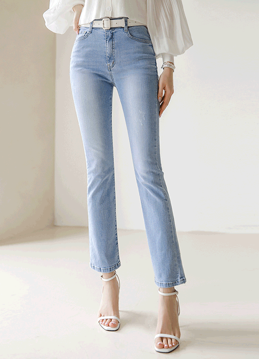 Mid Rise Light Blue Washed Slim Straight Jeans