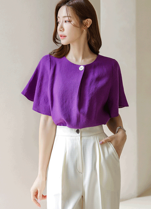Linen-Like Angel Sleeve Button Point Top