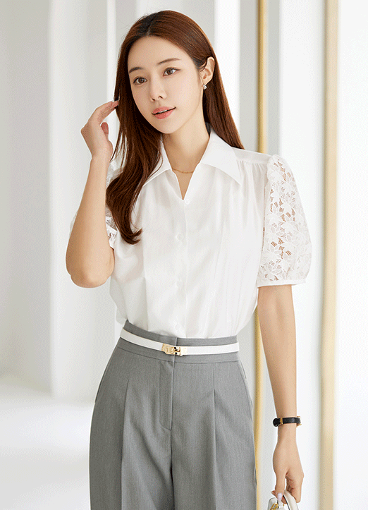 Floral Lace Sleeve Shirring Blouse