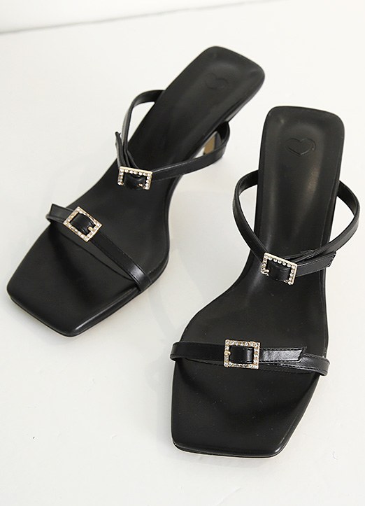 Square Buckle Double Strap Heeled Mules