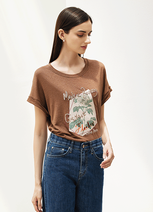 [The Onme] Sequined Lettering Rose Graphic T-shirt