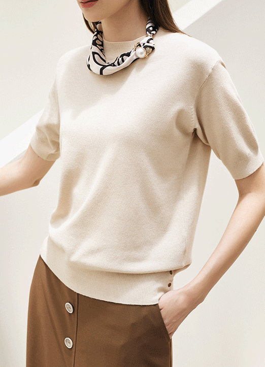 [The Onme] Side Button Detail Round Neck Knit Top