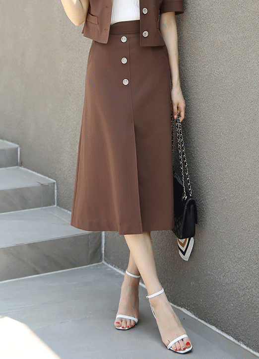 [Louis Angel] Linen-Like Button Detail Long Front Slit A-Line Skirt