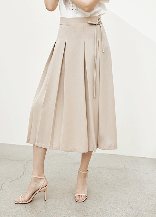 [The Onme] Tie Waist Inverted Pleats Skirt